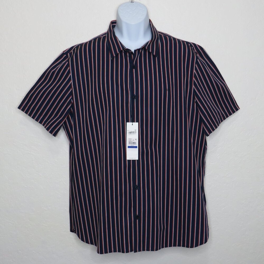 Calvin Klein* Men's Short Sleeve Button Down Curved Hem Stripe Shirt~ Size XL